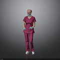 Man In Pink Scrubs With Surgical Cap Face Mask And Blue Gloves Standing