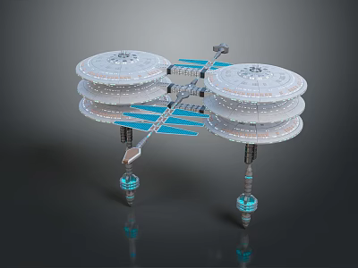 Futuristic Space Station with Dual Circular Modules Connecting Framework Blue Solar Panels and Mechanical Legs 3d model