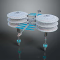 Futuristic Space Station with Dual Circular Modules Connecting Framework Blue Solar Panels and Mechanical Legs