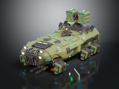 Futuristic Green Armored Vehicle With Turret Structures Tracks And Glowing Mechanical Details 3d model