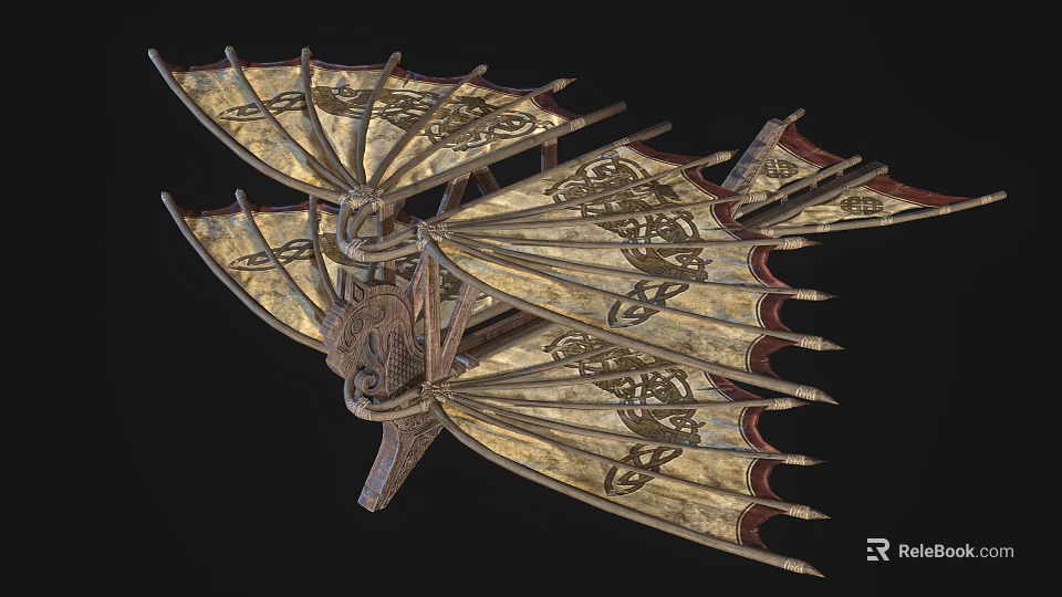 Ancient Decorative Weapon with Wing Shaped Structure Intricate Carvings and Gold Accents 3d model 