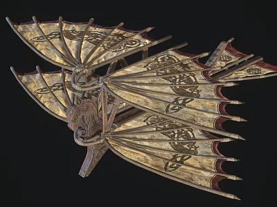 Ancient Decorative Weapon with Wing Shaped Structure Intricate Carvings and Gold Accents 3d model