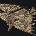 Ancient Decorative Weapon with Wing Shaped Structure Intricate Carvings and Gold Accents