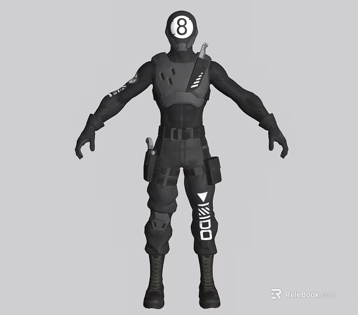 Tactical Game and Movie Character in Black Combat Suit with White Symbols and Gear 3d model 