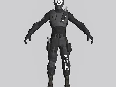 Tactical Game and Movie Character in Black Combat Suit with White Symbols and Gear 3d model