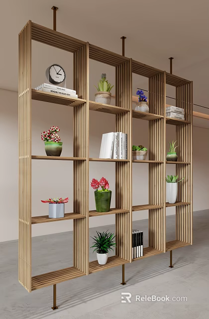 Modern Decorative Wooden Room Divider With Shelves Potted Plants And Books 3d model 