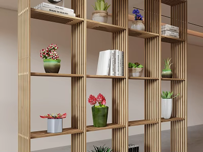 Modern Decorative Wooden Room Divider With Shelves Potted Plants And Books 3d model