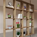 Modern Decorative Wooden Room Divider With Shelves Potted Plants And Books