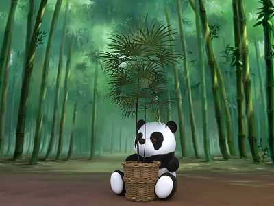 Cute Panda Holding Bonsai Plant Pot in Lush Bamboo Forest 3d model