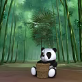 Cute Panda Holding Bonsai Plant Pot in Lush Bamboo Forest