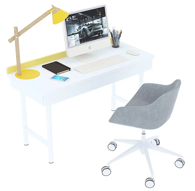 Modern White Desk with Computer Monitor Colored Pencils Black Notebook Yellow Lamp and Gray Chair 3d model