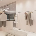 Stylish Clothing Store Window Display With Mannequin And Hanging Clothes On Racks