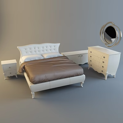 Double Bed With White Tufted Headboard Brown Comforter Nightstands Dresser And Round Mirror 3d model