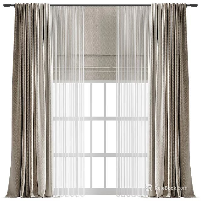 Beige Curtains With Sheer Layers And Grid Window For Home Decor 3d model 