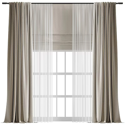 Beige Curtains With Sheer Layers And Grid Window For Home Decor 3d model