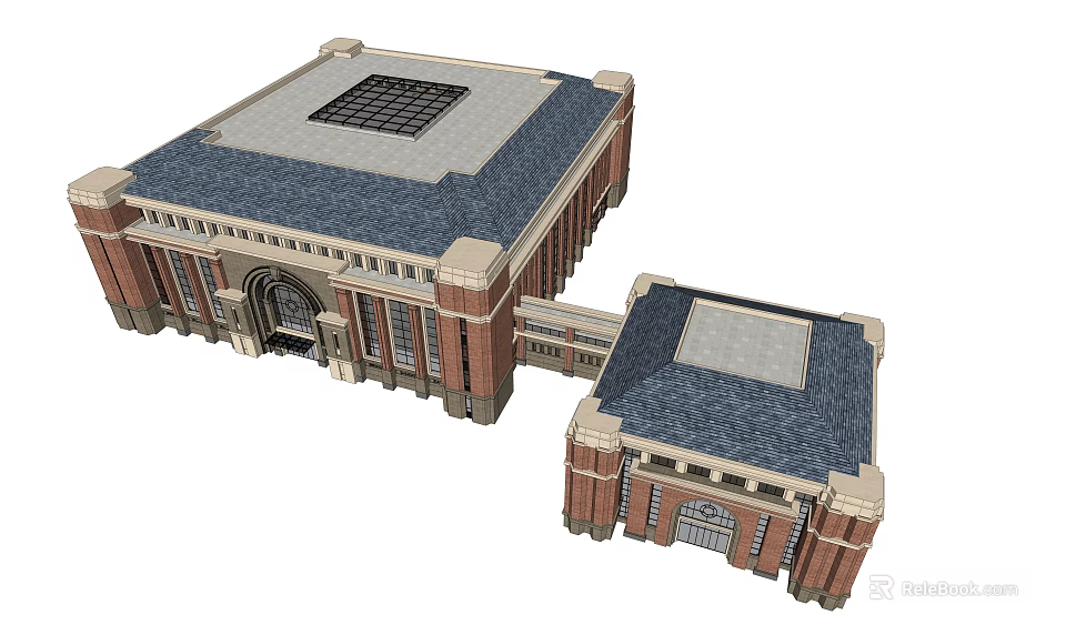 Classical Red Brick Buildings With Arched Entrances Gray Roofs And Square Skylights 3d model 