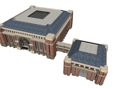 Classical Red Brick Buildings With Arched Entrances Gray Roofs And Square Skylights 3d model
