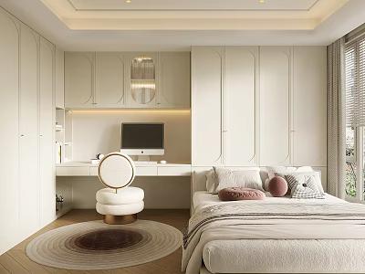 Modern Tatami Bedroom Interior With White Wardrobes Desk And Round Rug 3d model