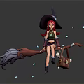 Red Haired Witch Riding Broomstick With Small Bag And Glowing Sprites 3d model