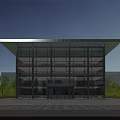 Modern Office Building Featuring Glass Curtain Walls Overhanging Roof Front Plaza And Trees With Vehicles