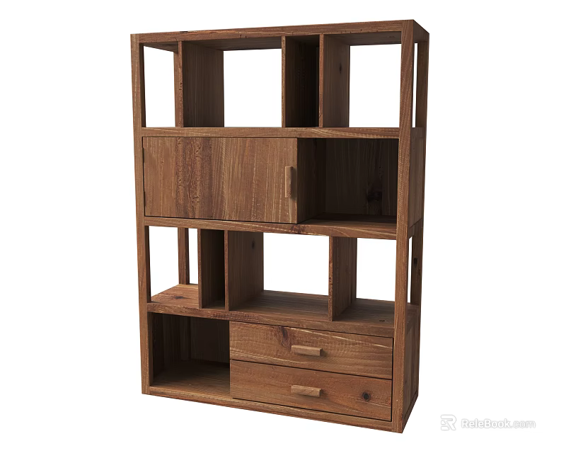 Wooden Storage Shelf Unit With Multiple Tiers Drawers And Open Compartments 3d model