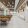 Modern Restaurant Interior With Dining Tables Chairs Marble Counters Wooden Ceiling And Blue Illuminated Columns