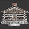 Cozy Log Cabin with Snow Covered Sloped Roof Red Chimney Log Walls and Windows