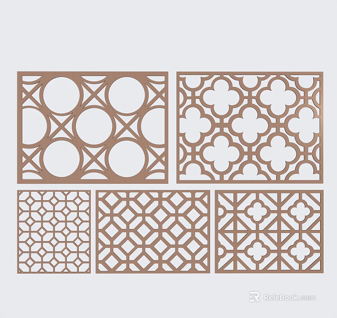 Decorative Wooden Room Dividers With Various Geometric Patterns And Floral Designs 3d model 