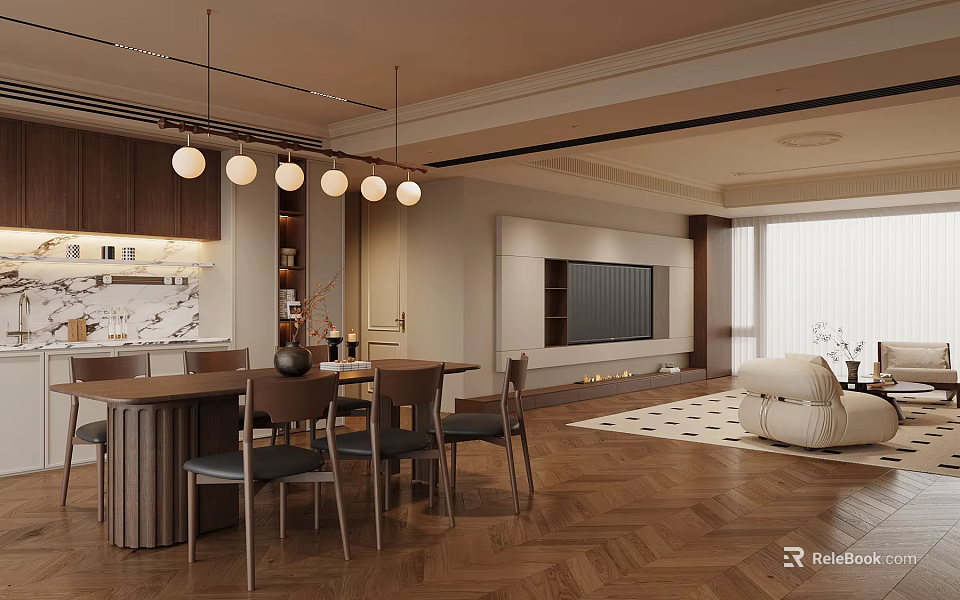 Modern Dining and Living Room Interior Design With Wooden Table Chairs Pendant Lights TV Wall 3d model 