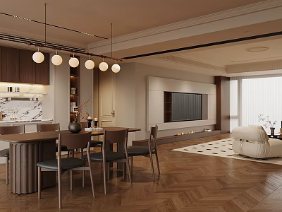 Modern Dining and Living Room Interior Design With Wooden Table Chairs Pendant Lights TV Wall 3d model