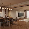 Modern Dining and Living Room Interior Design With Wooden Table Chairs Pendant Lights TV Wall