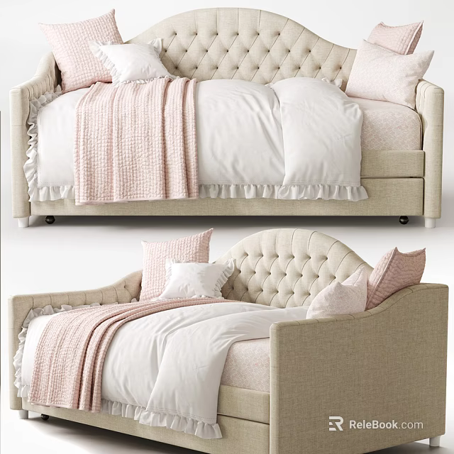 Light Upholstered Sofa With Tufted Backrest Pink Blanket White Cushions And Ruffled Edges 3d model 