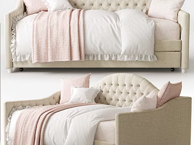 Light Upholstered Sofa With Tufted Backrest Pink Blanket White Cushions And Ruffled Edges 3d model