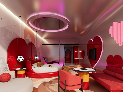 Modern Hotel Room With Red Heart Shaped Sofa Round Bed And Pink Lighting 3d model