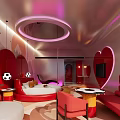 Modern Hotel Room With Red Heart Shaped Sofa Round Bed And Pink Lighting