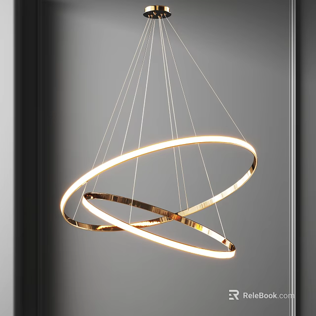 Modern Circular Ring Chandelier with Illuminated Metallic Double Rings and Suspended Thin Cables 3d model 
