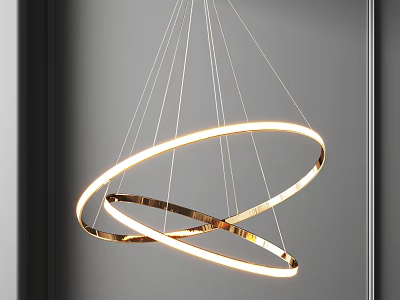 Modern Circular Ring Chandelier with Illuminated Metallic Double Rings and Suspended Thin Cables 3d model