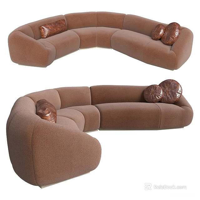 Brown Curved Sectional Sofa With Decorative Pillows For Modern Living Space 3d model 