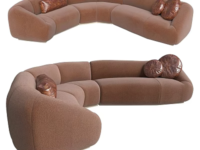 Brown Curved Sectional Sofa With Decorative Pillows For Modern Living Space 3d model