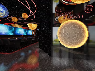 Starry Sky Themed Restaurant Interior With Planet Decorations Large Screen And Seating Area 3d model