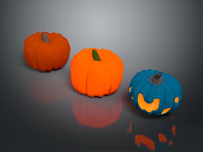 Three Colorful Fresh Pumpkins Orange And Blue Vegetables With Carved Smile Design 3d model