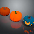 Three Colorful Fresh Pumpkins Orange And Blue Vegetables With Carved Smile Design