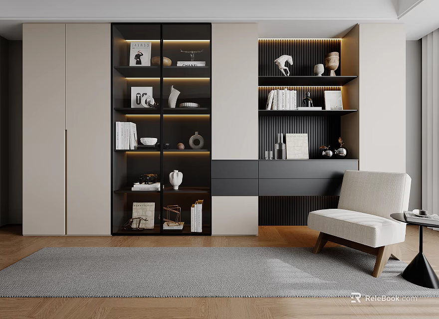 Modern Bookcase Interior Design With Books Decorative Items Sculptures And Light Chair In Living Space 3d model 