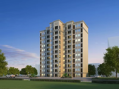High Rise Residential Building with Lush Trees Green Grass Clear Blue Sky and Cars Nearby 3d model