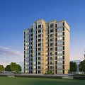High Rise Residential Building with Lush Trees Green Grass Clear Blue Sky and Cars Nearby