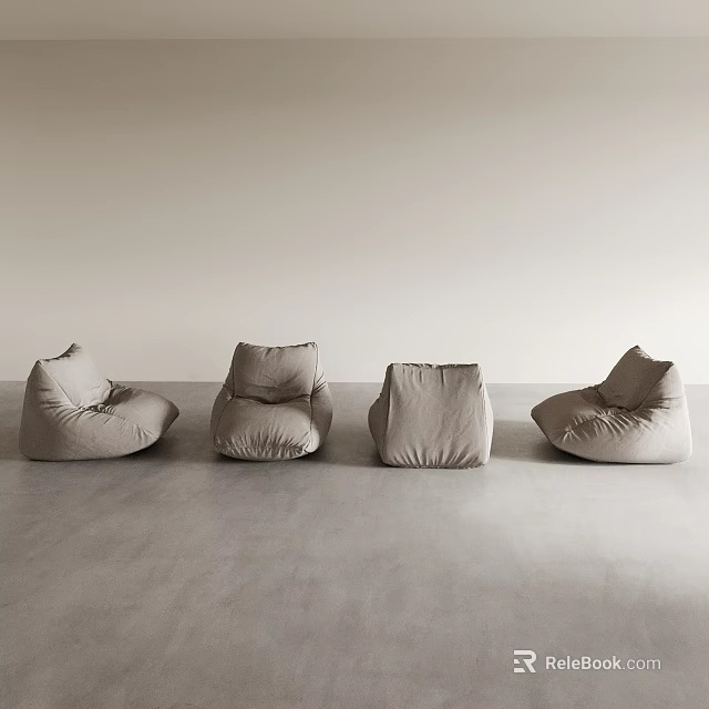 Four Light Gray Bean Bag Chairs In Different Shapes For Minimalist Setting 3d model 