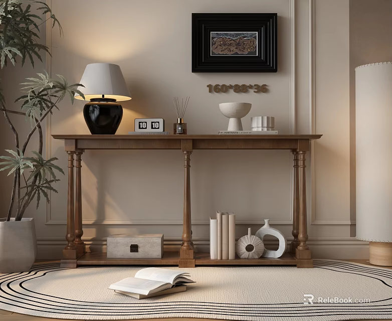 Wooden Console Table in Cozy Interior with Lamp Photo Frames Decorative Items and Books 3d model 