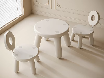 Simple White Round Kids Table and Chair Set with Circular Backrest Holes 3d model