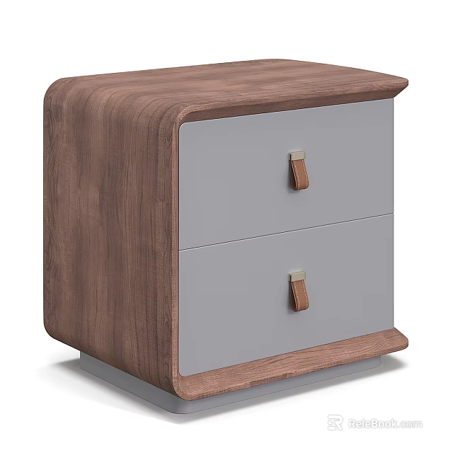 Modern Walnut Texture Nightstand With Two Grey Drawers And Leather Pull Handles For Bedrooms 3d model 
