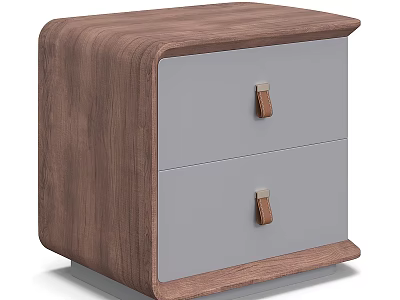 Modern Walnut Texture Nightstand With Two Grey Drawers And Leather Pull Handles For Bedrooms 3d model